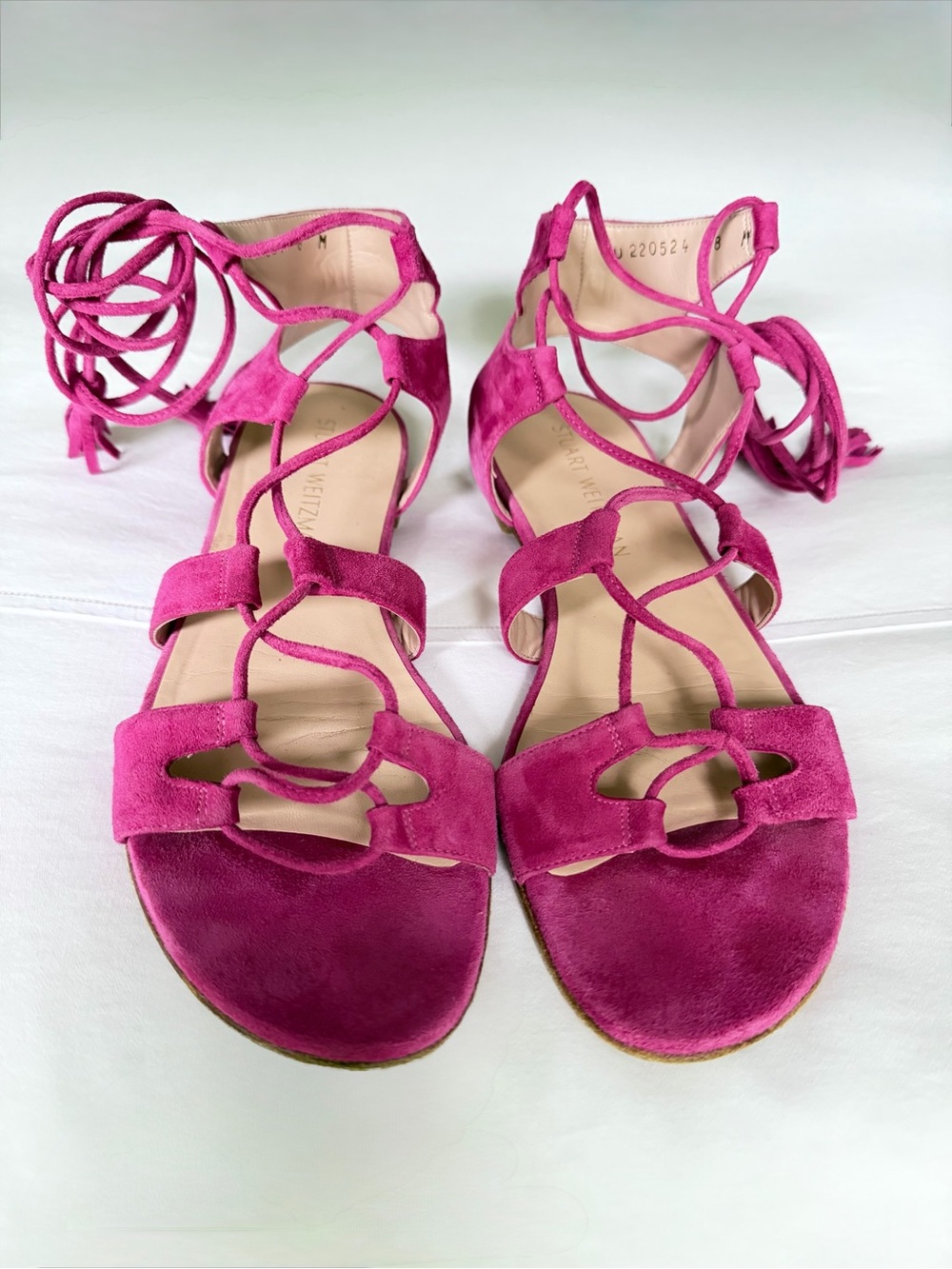 STUART WEITZNAN RomanFlat Gladiator Sandal / Geranium Pink Suede